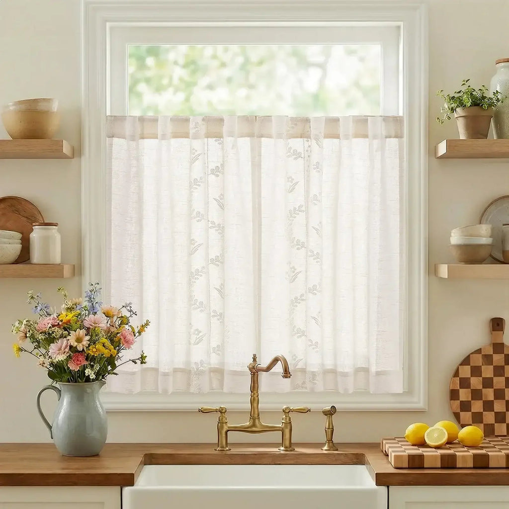 Window Curtain, Vintage Wavy Floral Embroidery Kitchen, Lightweight Design for Windows, Room Styling and Everyday Privacy image 1