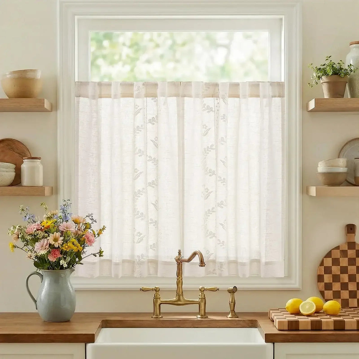 Window Curtain, Vintage Wavy Floral Embroidery Kitchen, Lightweight Design for Windows, Room Styling and Everyday Privacy image 1