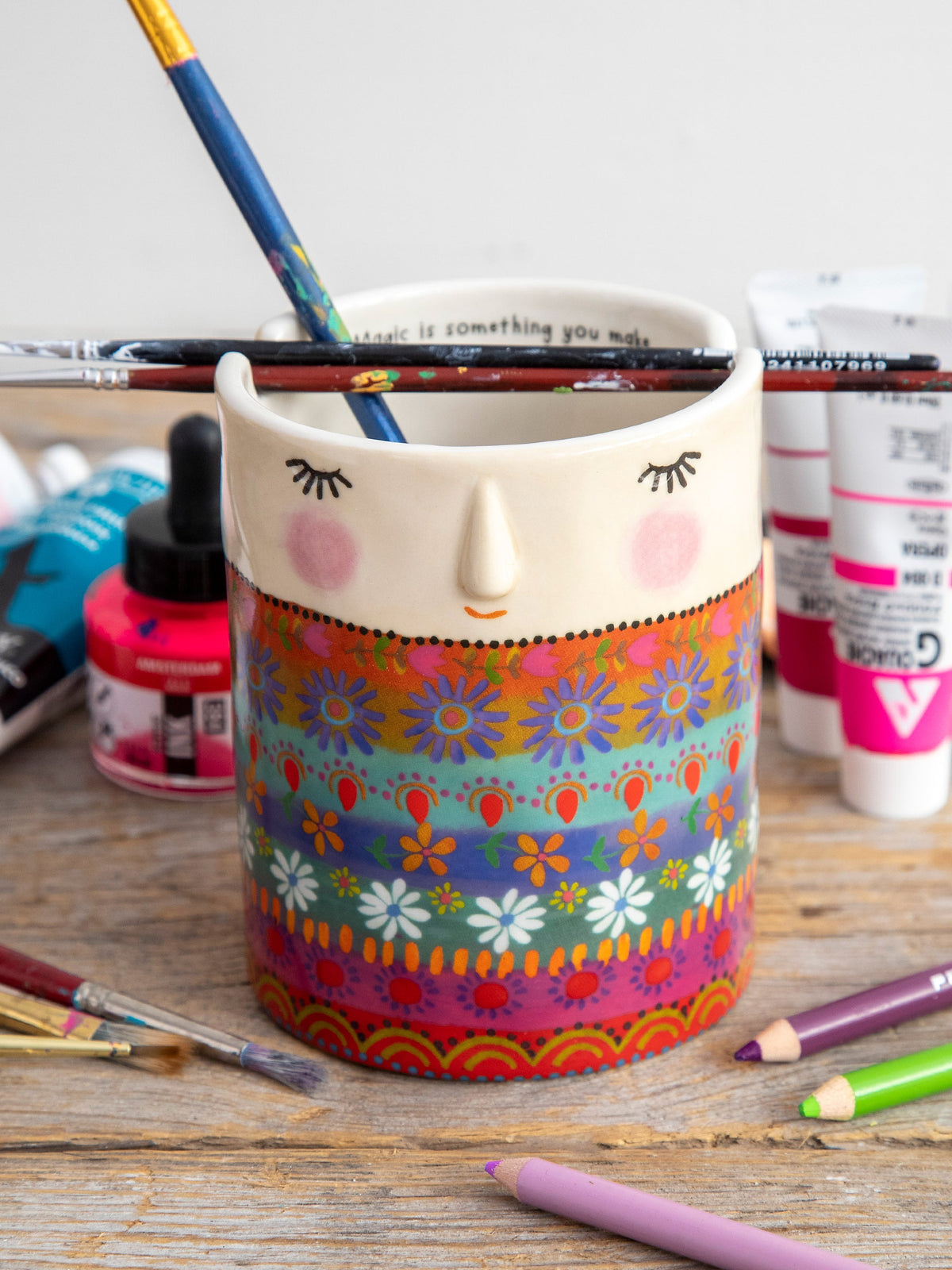 Drinkware, Ceramic Painter's Cup Folk Lady for Everyday Drinks, Home and Entertaining, Designed for Everyday Home Use image 1