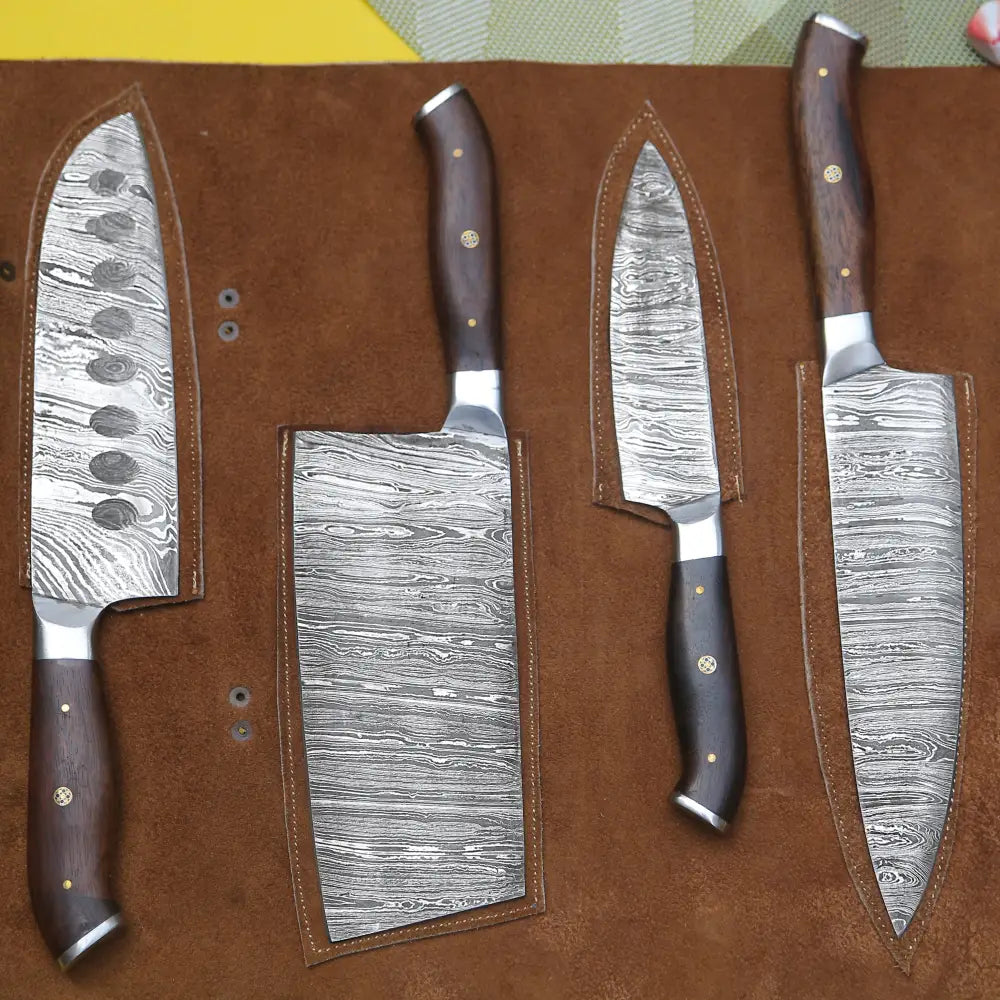 Chef Knife Set, 4 Piece Handmade 4 Piece Damascus Steel for Home Kitchens, Food Prep and Cooking image 1