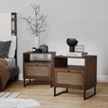 Nightstand, Rattan & Wood Storage Nightstands Walnut Set for Bedside Storage, Bedroom Organization and Guest Rooms image 1