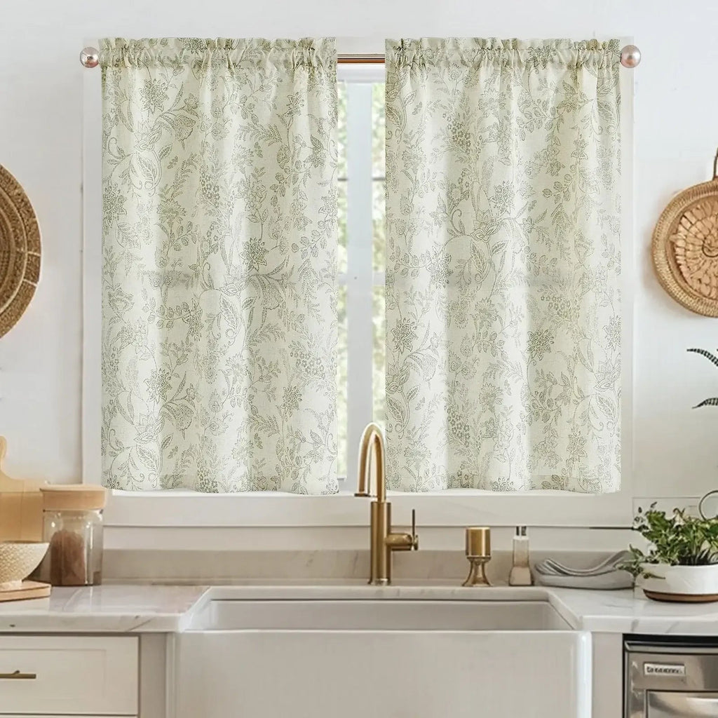 Window Curtain, Vintage Scrollwork Floral Linen Kitchen, Lightweight Design for Windows, Room Styling and Everyday Privacy image 1