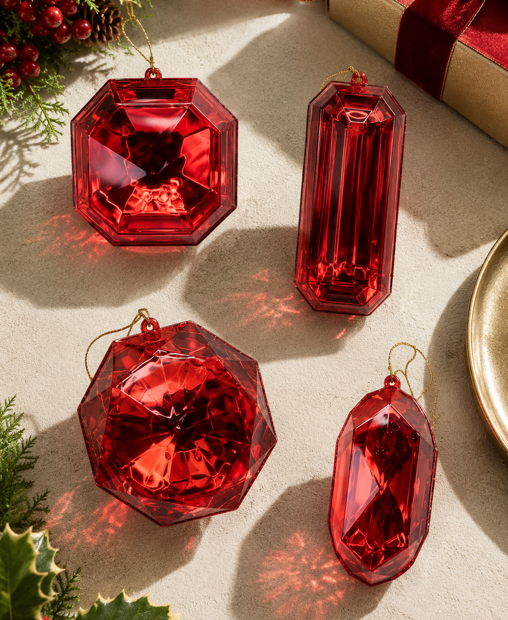 Seasonal Home Decor, 4" 5" Red Glitter Jewel Ornament Assorted Set for Holiday Displays, Shelves and Festive Rooms image 1