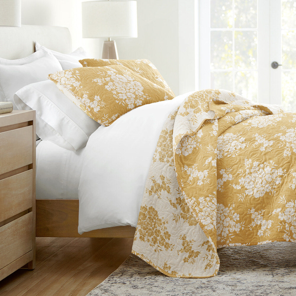 Quilted Coverlet Set, Distressed Bouquet Reversible for Guest Bedrooms, Layered Beds and Everyday Bedding, 3 Sizes and 4 Colors image 1