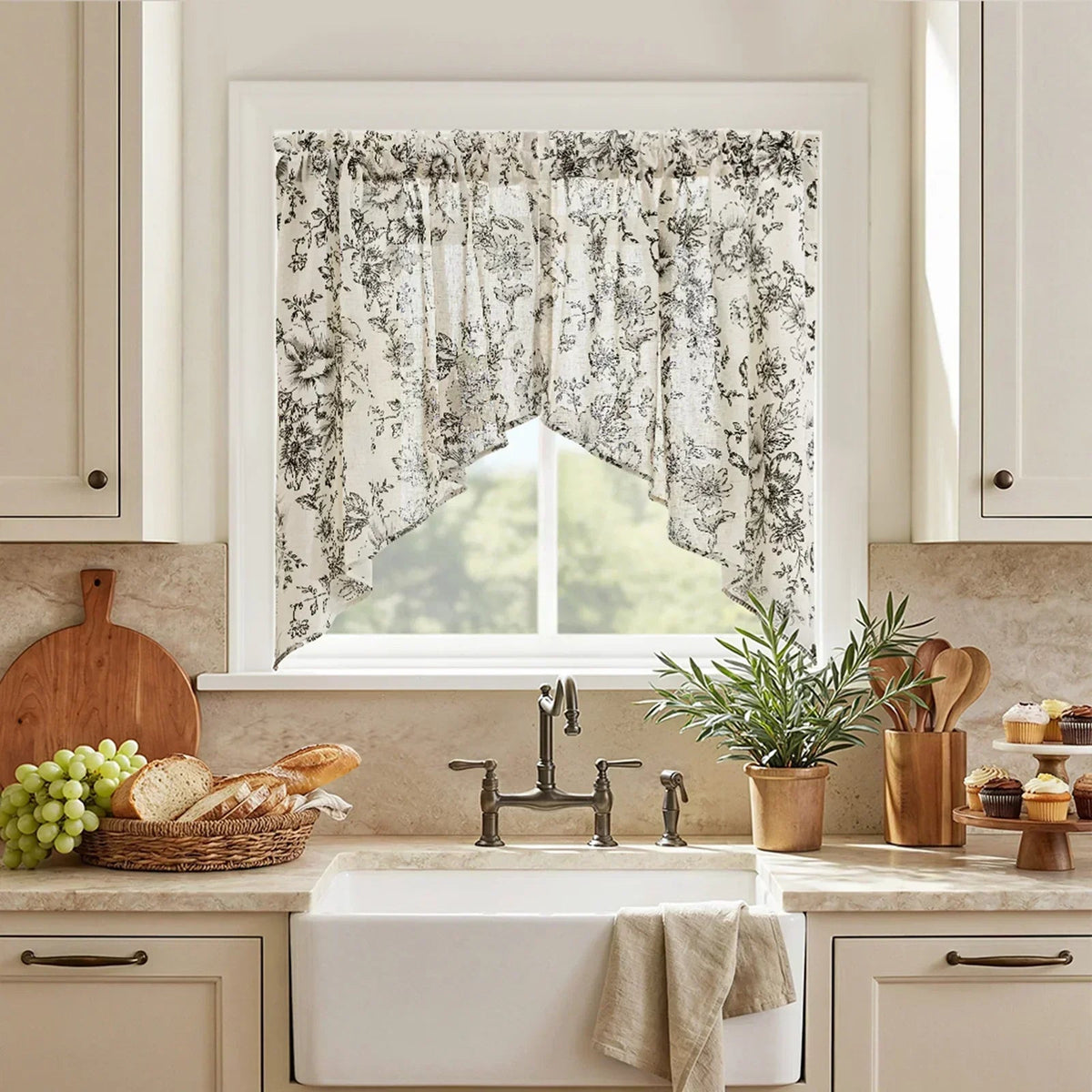 Window Curtain, Black Floral Swag Linen Kitchen Curtains (2 for Bedrooms, Living Rooms and Home Privacy, 3 Sizes and 3 Colors image 1