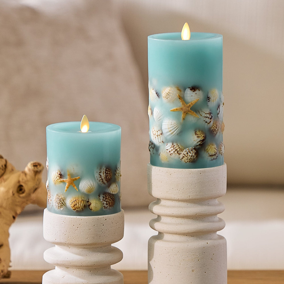 Flameless Candle, Soft Teal Embedded Seashell & Starfish Pillar for Bedrooms, Living Rooms and Everyday Candlelight Ambience, 2 Size Options image 1
