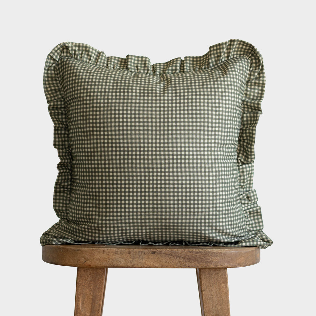 Decorative Pillow Cover Set, Green Mini Gingham Ruffle 18" 22" 26", Machine-Washable Care for Bedroom Styling and Living Room Decor image 1