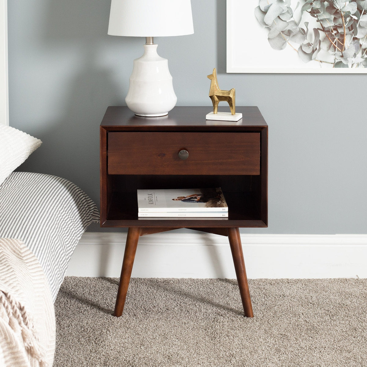 Nightstand, Mid Century Solid Wood Collection 1 or 2 for Bedrooms, Bedside Essentials and Everyday Storage, 2 Color Options image 1