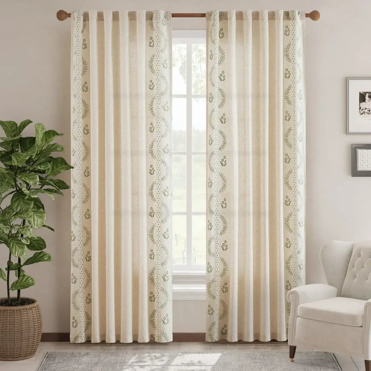 Window Curtain, Embroidered Vine Floral Linen Curtains (2, Lightweight Design for Bedrooms, Living Rooms and Home Privacy image 1