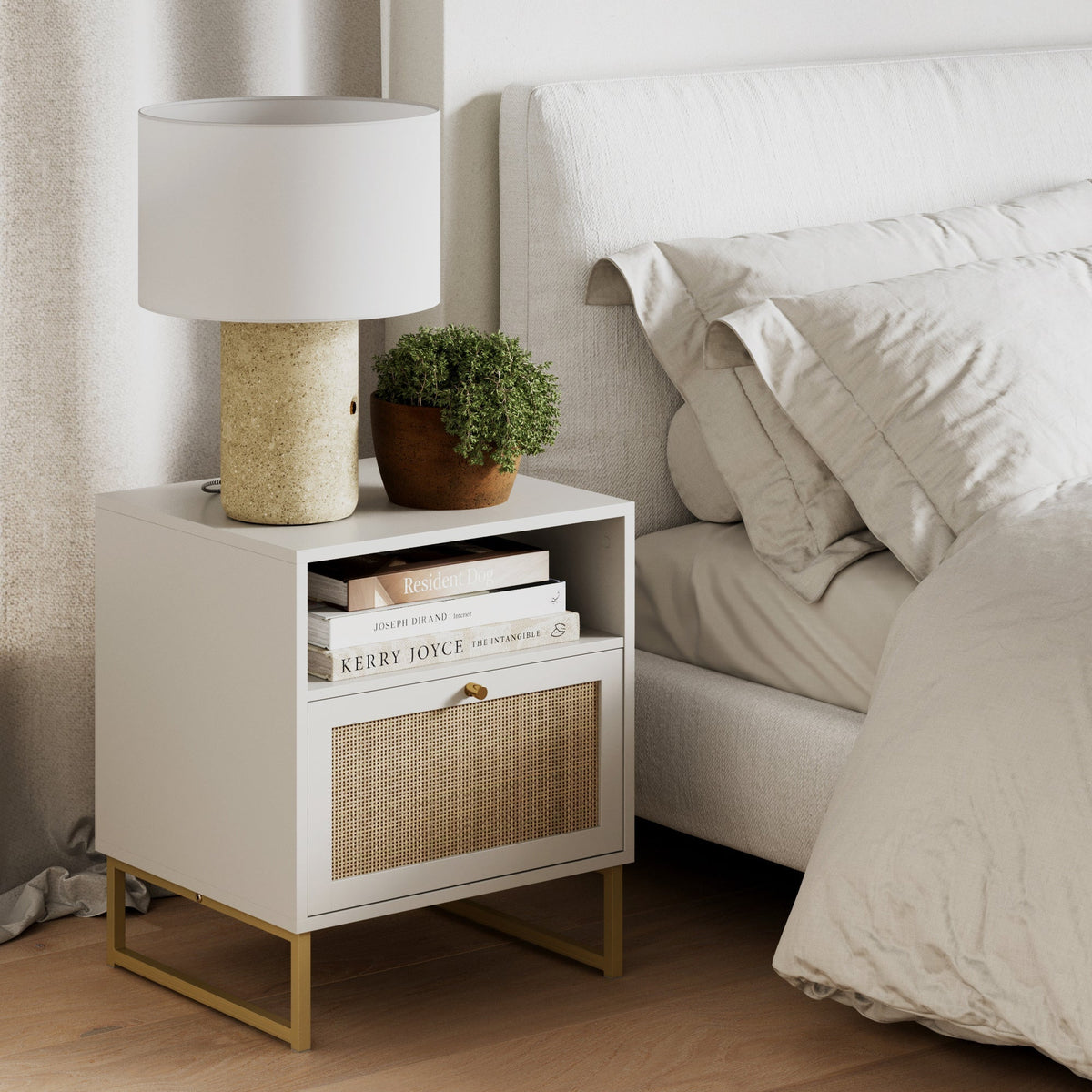 Nightstand, Rattan & Wood Storage White, Adjustable Design for Bedside Storage, Bedroom Organization and Guest Rooms image 1