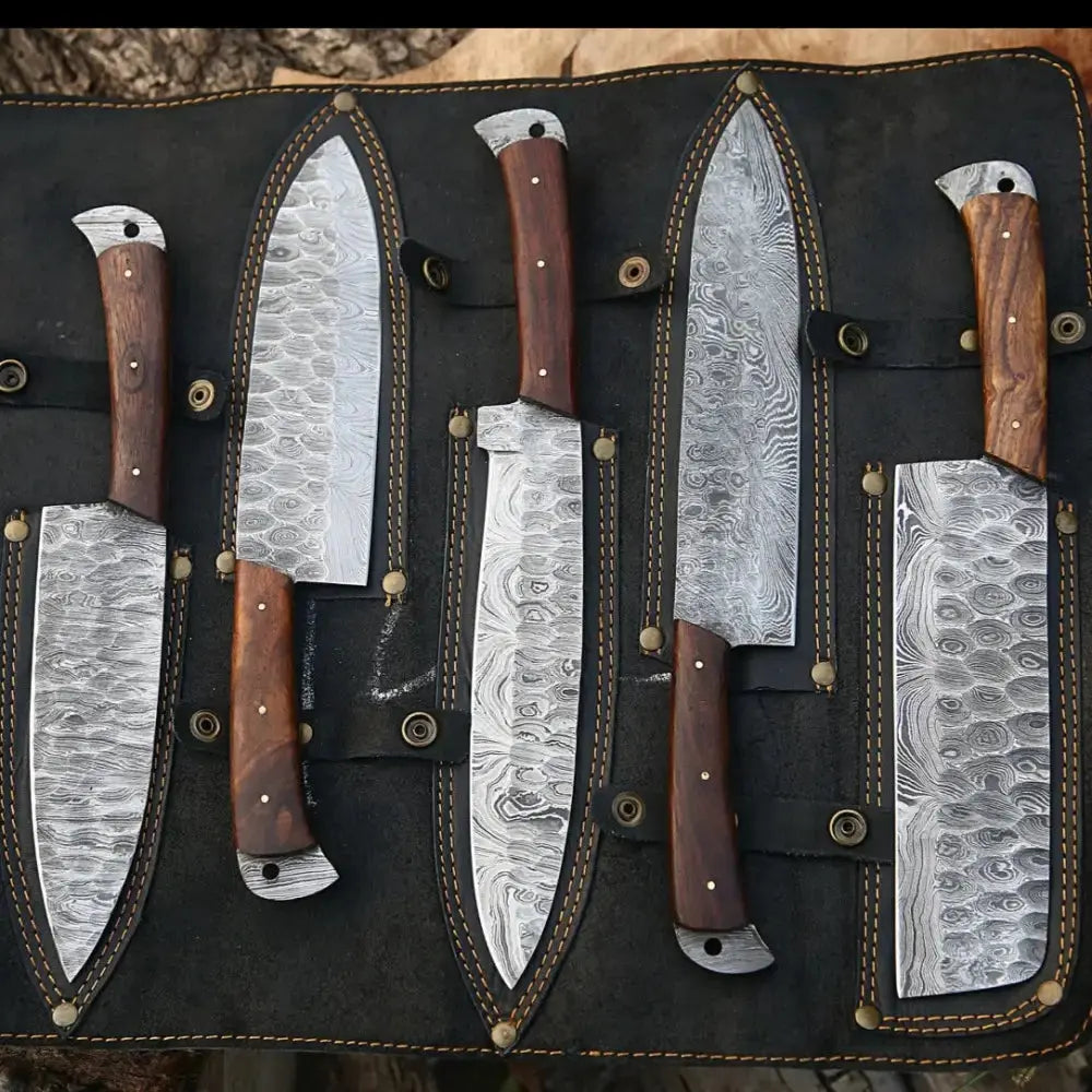 Chef Knife Set, Black Rose Damascus 5 Piece & Leather Roll for Home Kitchens, Food Prep and Cooking image 1