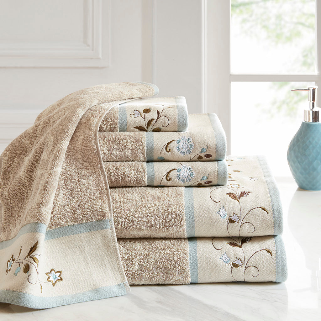 Bath Linen, Serene Embroidered Cotton Jacquard 6 Piece, Machine-Washable Care for Home Bathrooms and Everyday Care, 5 Color Options image 1