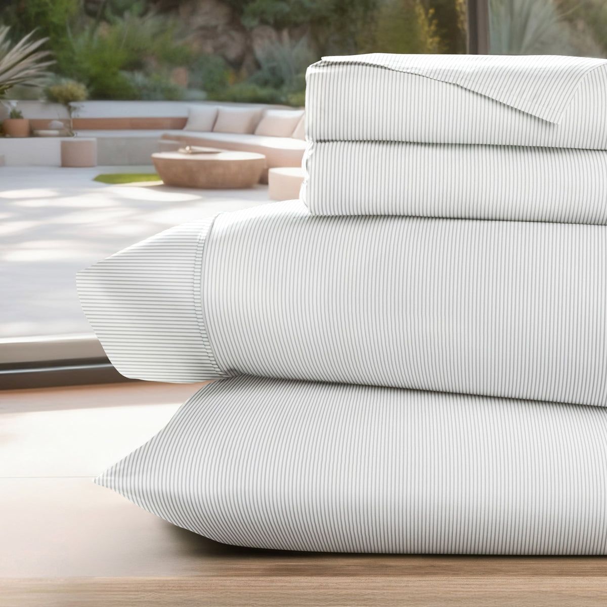 Bed Sheet Set, Pinstriped Pattern 4 Piece, Hypoallergenic Comfort for Everyday Bedroom Comfort and Guest Rooms, 5 Size Options image 1