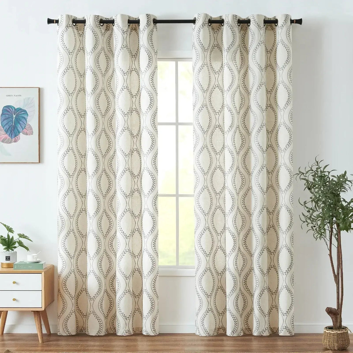 Window Curtain, Boho Leaf Embroidered Geometric Curtains (2, Machine-Washable Care for Bedrooms, Living Rooms and Home Privacy image 1