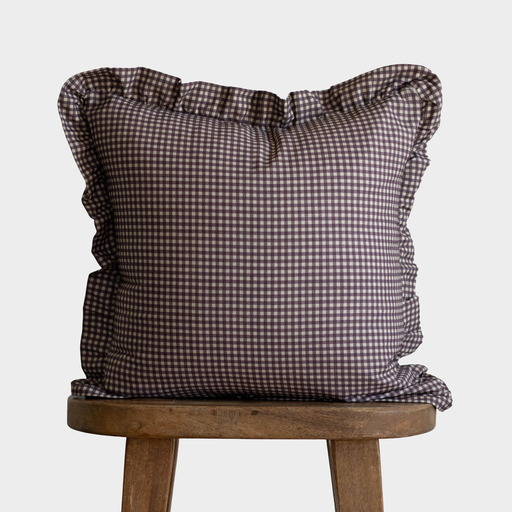 Decorative Pillow Cover Set, Plum Mini Gingham Ruffle 18" 20" 22", Machine-Washable Care for Bedroom Styling and Living Room Decor image 1