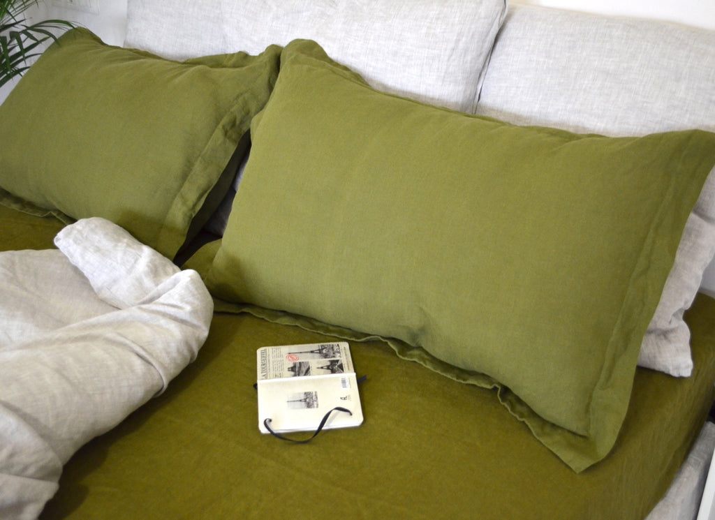 Linen Pillow Sham, with Flanged Edge Flax Cover in Moss Green for Beds, Bedroom Styling and Layered Bedding, 6 Size Options image 1