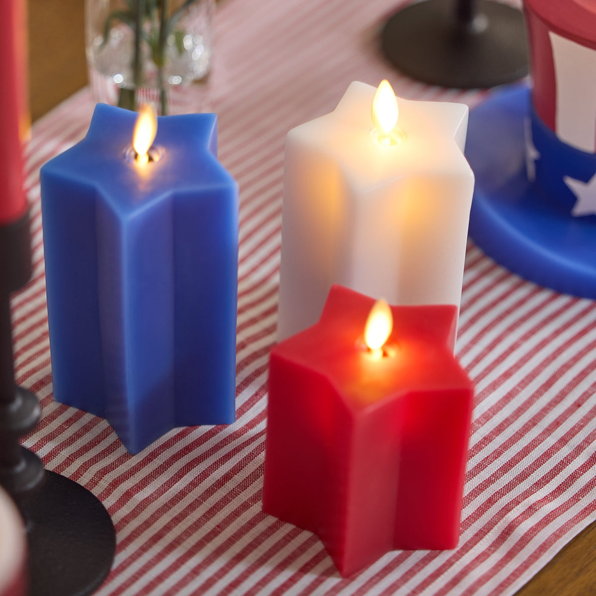 Flameless Candle, Set of 3 Red, White & Blue Star shaped Pillars for Mantels, Entryways and Holiday Displays image 1