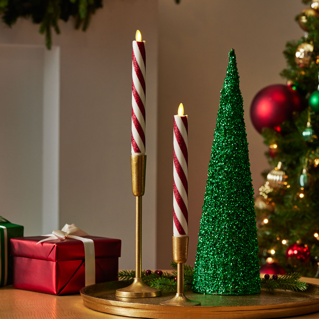 Flameless Candle, Red Candy Cane Glitter Stripe White Tapers Set for Mantels, Entryways and Holiday Displays image 1
