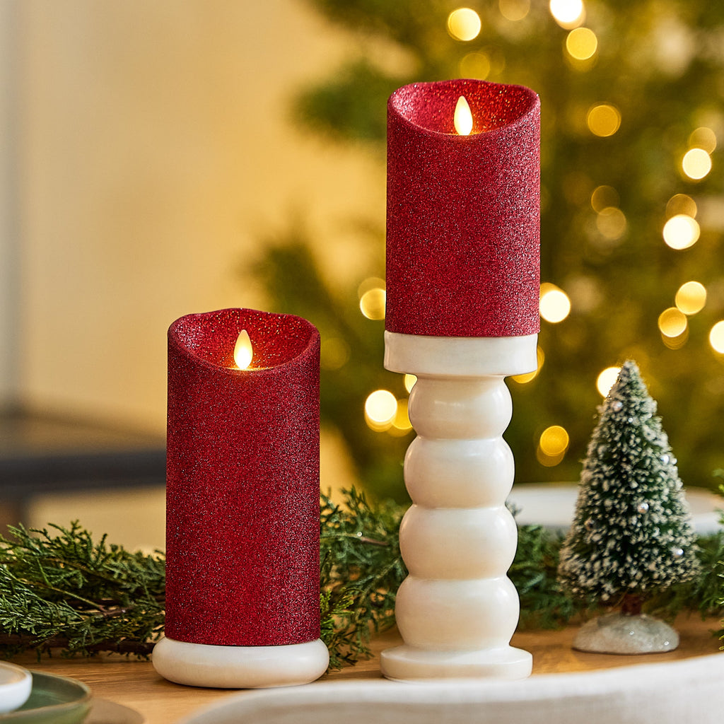 Flameless Candle, Red Glitter Pillar for Bedrooms, Living Rooms and Everyday Candlelight Ambience, 2 Size Options image 1