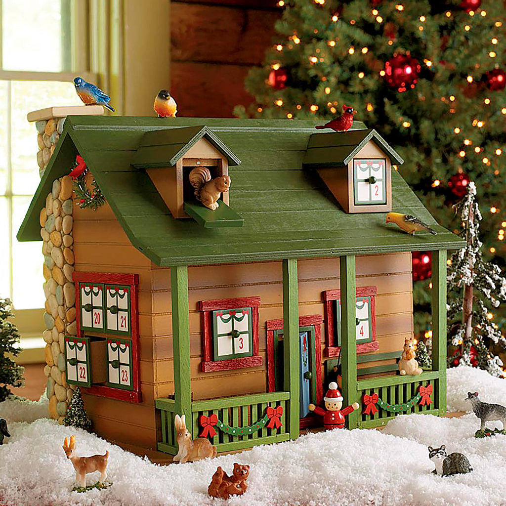Seasonal Home Decor, Christmas Advent Cabin with Woodland Animals for Mantels, Tables and Seasonal Decorating image 1