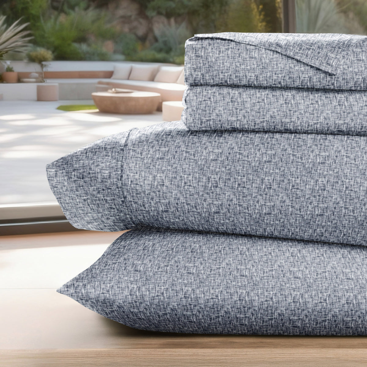 Bed Sheet Set, Chambray Style Pattern 4 Piece, Hypoallergenic Comfort for Master Bedrooms, Guest Beds and Daily Use, 5 Sizes and 3 Colors image 1