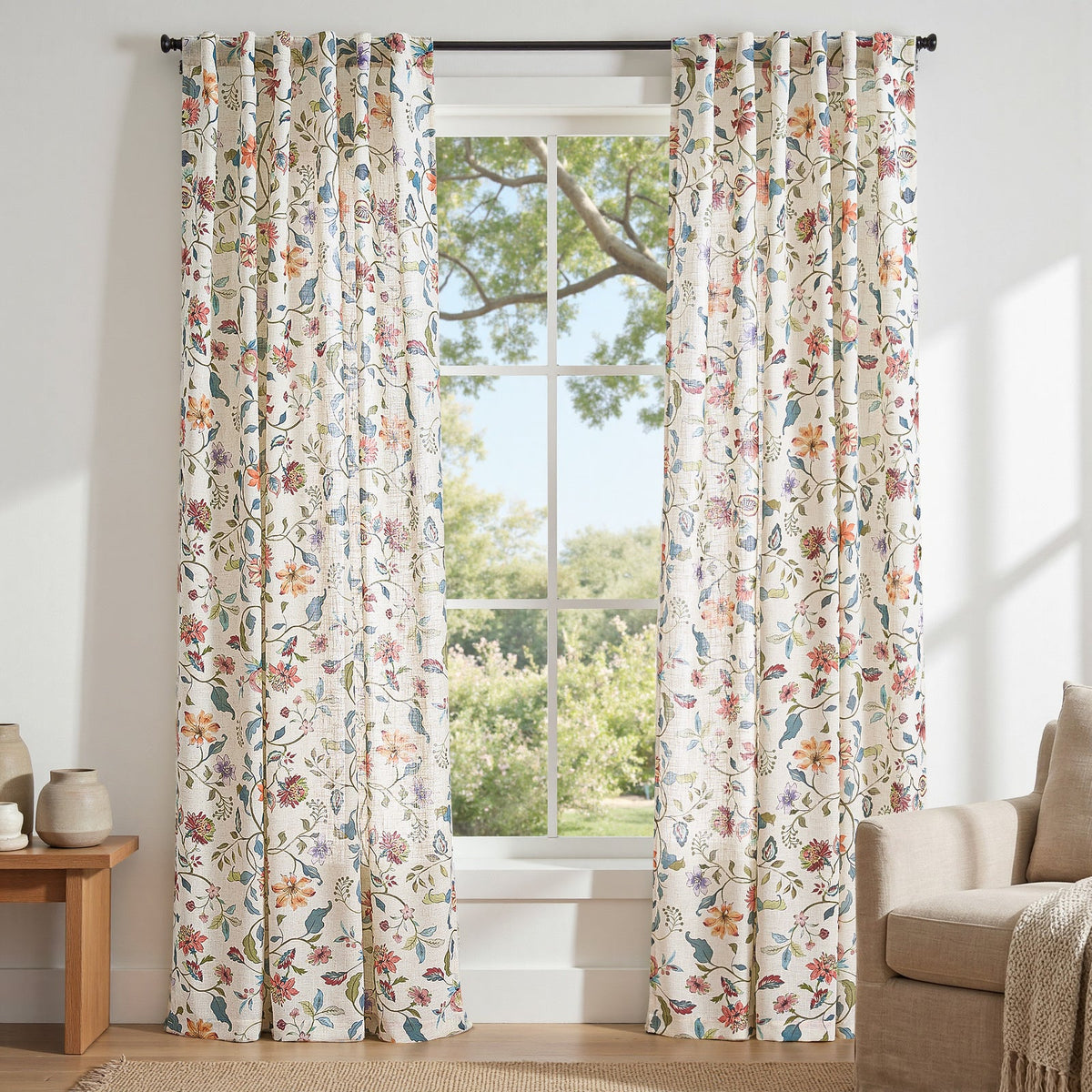 Window Curtain, Hattie Floral Linen Blend Curtains (2 Panels), Breathable Construction for Bedrooms, Living Rooms and Home Privacy image 1