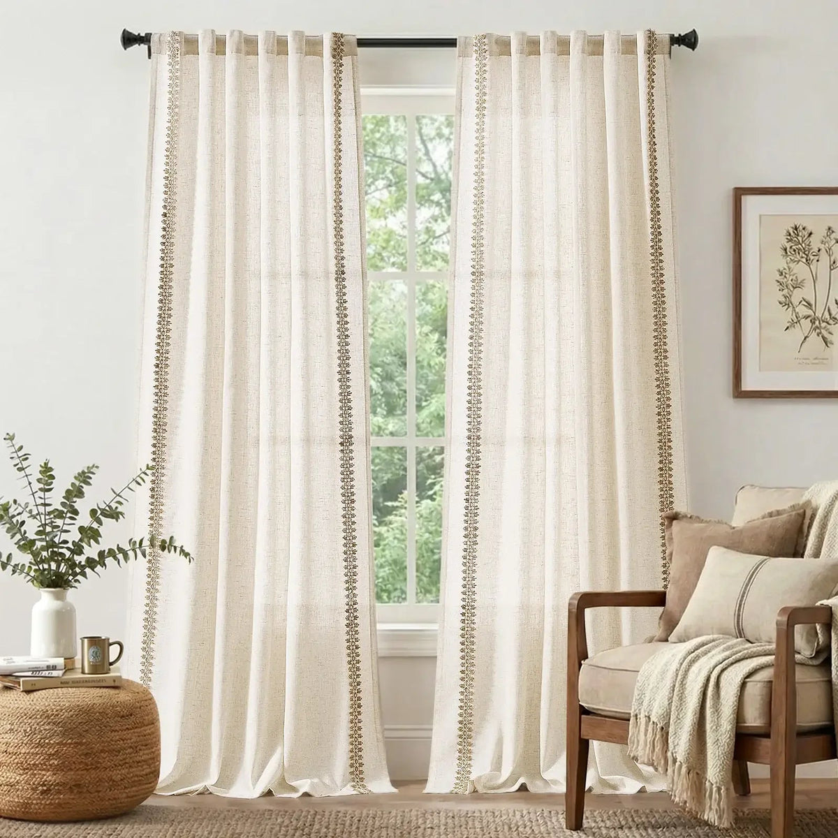 Window Curtain, Braided Jute Trim Linen Blend Curtains (2, Machine-Washable Care for Windows, Room Styling and Everyday Privacy image 1