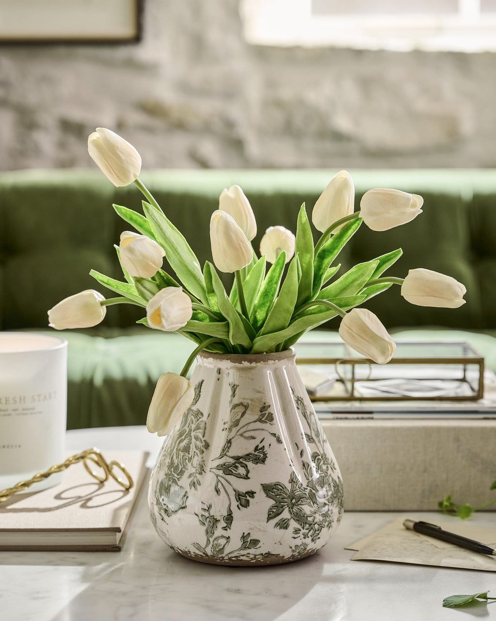Decorative Vase, Fluted Green and White Distressed for Tabletop Arrangements and Home Decor, 2 Size Options image 1