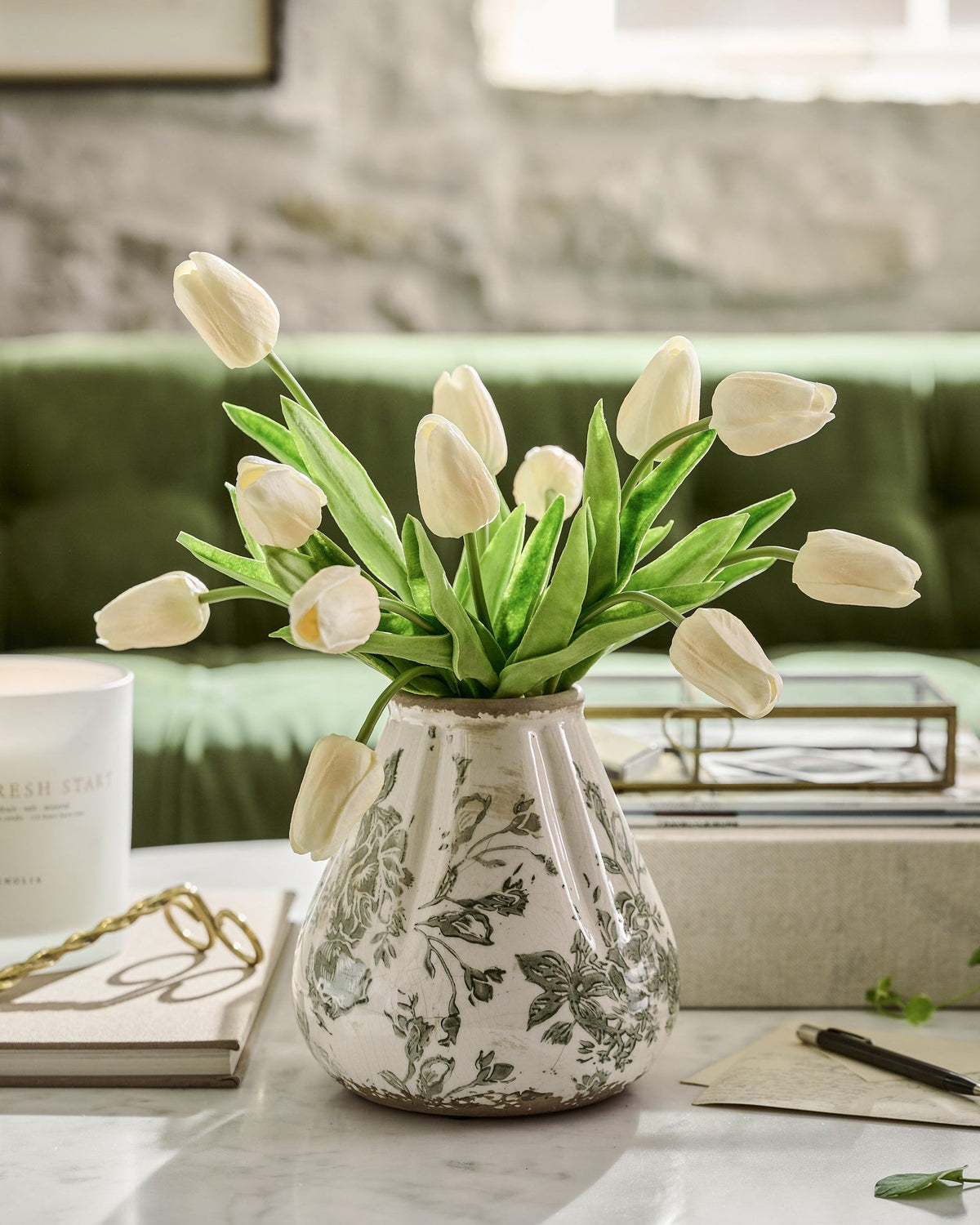 Decorative Vase, Fluted Green and White Distressed for Tabletop Arrangements and Home Decor, 2 Size Options image 1