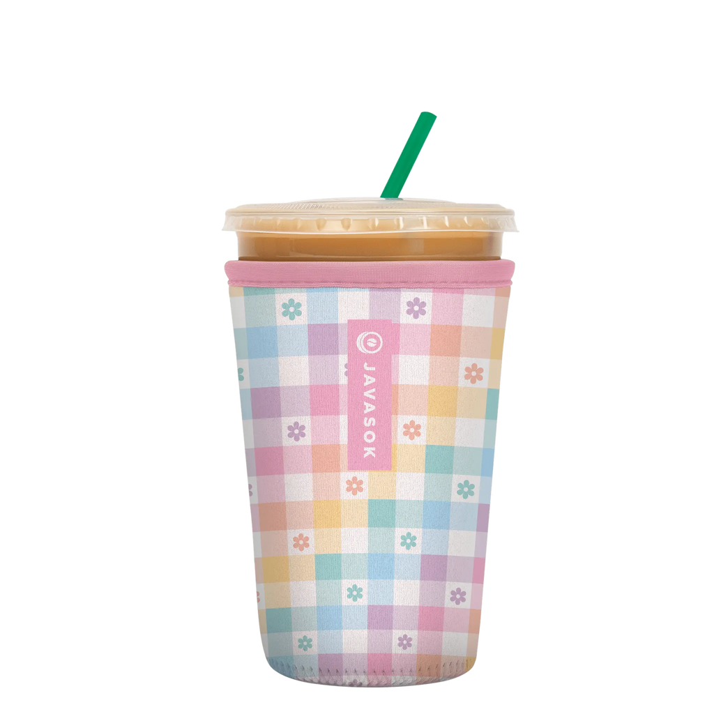 Reusable Cup Sleeve, Gingham Flowers, Neoprene Construction for Iced Coffee, Cold Drinks and Condensation Control, 2 Size Options image 1