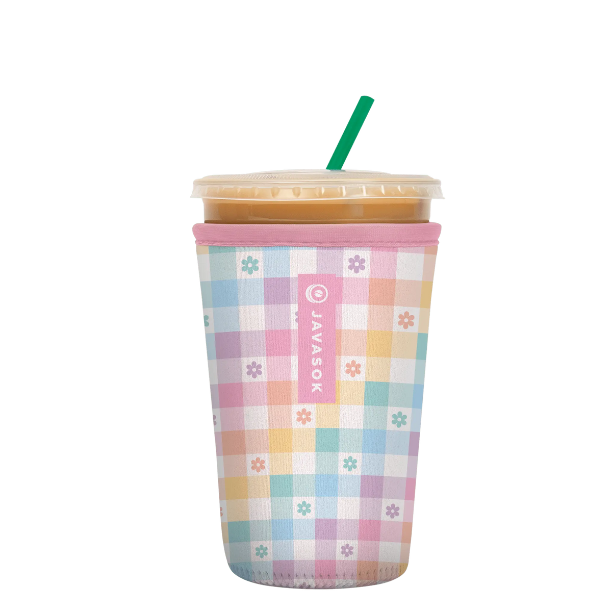 Reusable Cup Sleeve, Gingham Flowers, Neoprene Construction for Iced Coffee, Cold Drinks and Condensation Control, 2 Size Options image 1