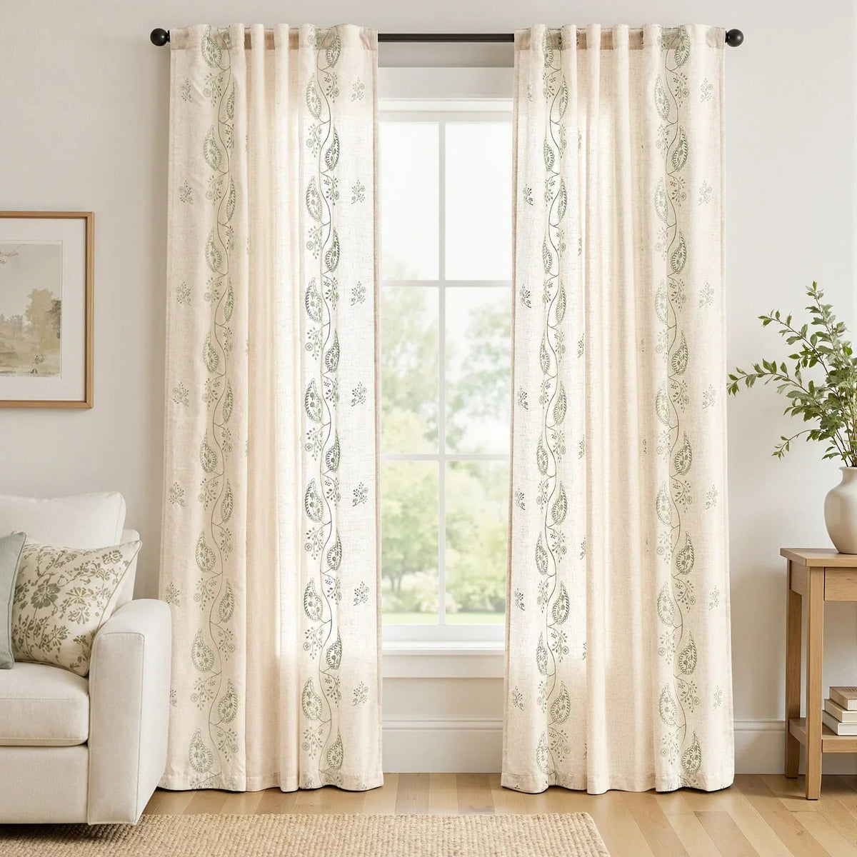 Window Curtain, Embroidered Floral Paisley Vine Linen Blend for Windows, Room Styling and Everyday Privacy, 3 Sizes and 4 Colors image 1