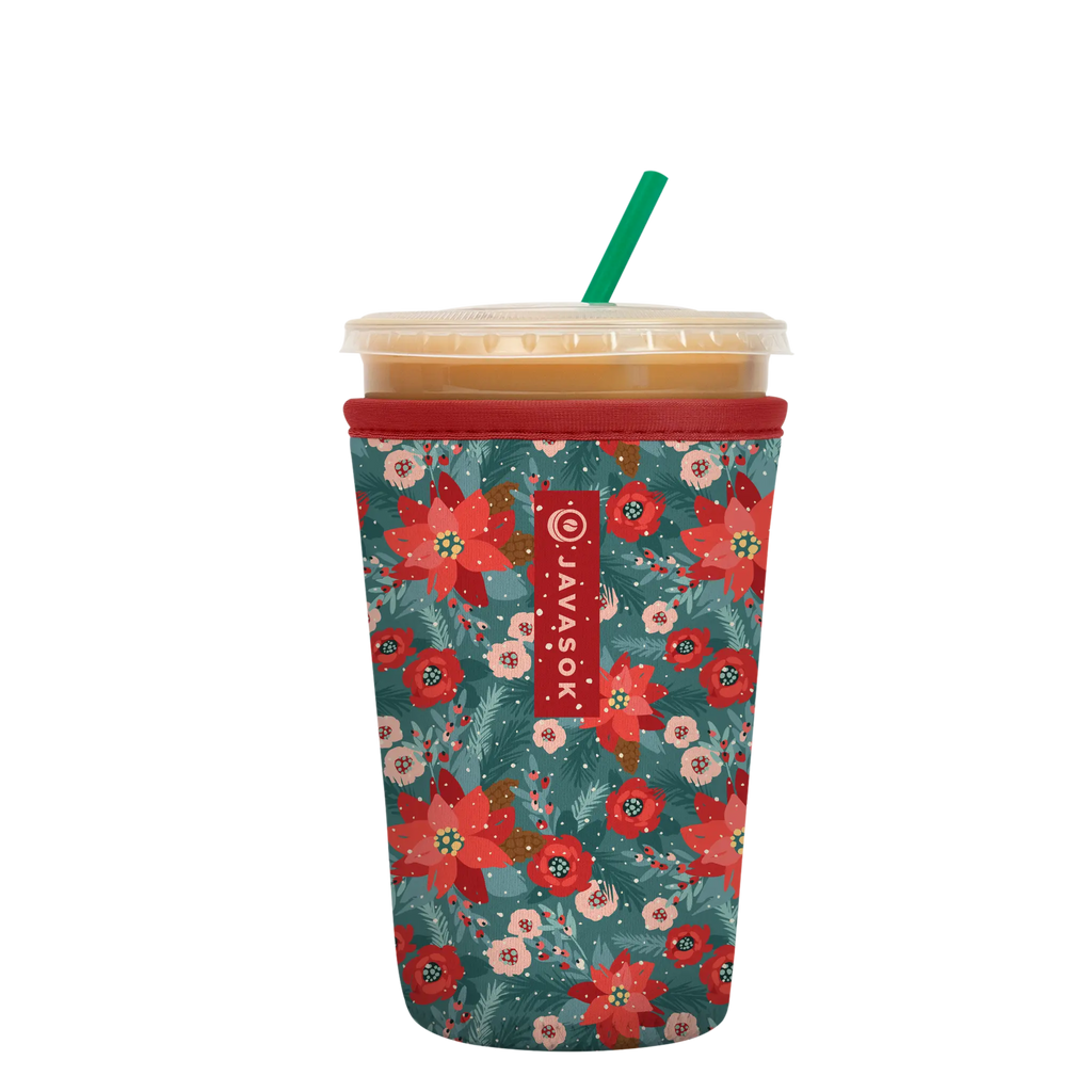 Reusable Cup Sleeve, Pastel Poinsettias, Neoprene Construction for Iced Coffee, Cold Drinks and Condensation Control, 2 Size Options image 1