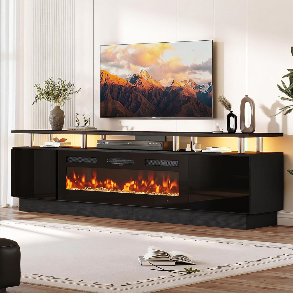 TV Stand, Electric Fireplace with Mirrored Doors, Stainless Steel Construction for Television Displays, Consoles and Organized Living Spaces image 1