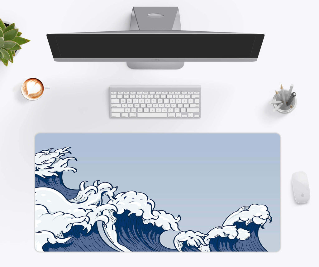 Desk Mat, Japanese Blue Waves, Machine-Washable Care, Non-Slip Design for Home Offices, Gaming and Daily Computer Work, 4 Size Options image 1