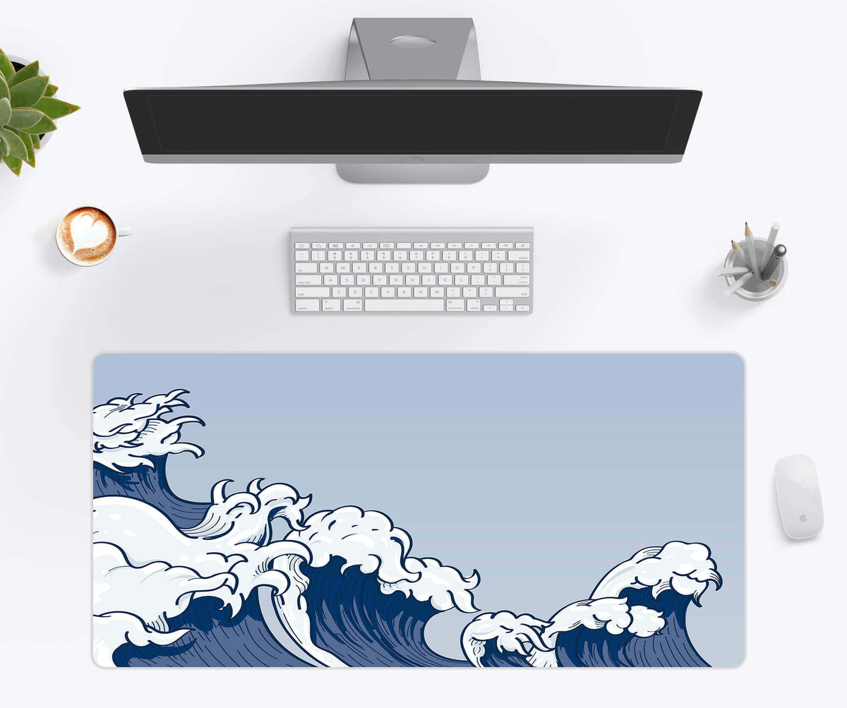 Desk Mat, Japanese Blue Waves, Machine-Washable Care, Non-Slip Design for Home Offices, Gaming and Daily Computer Work, 4 Size Options image 1