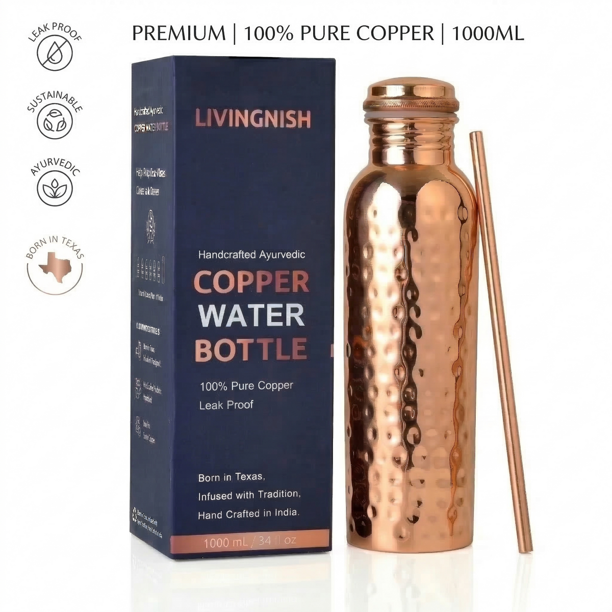 Reusable Drink Bottle, 100% Pure Ayurvedic Copper Water Hammered for Work, Travel and Everyday Hydration image 1