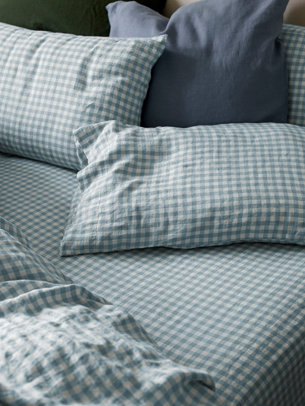 Fitted Sheet, Warm Blue Gingham 100% Linen, Breathable Construction for Bedroom Comfort, Bed Layering and Everyday Sleep, 2 Size Options image 1