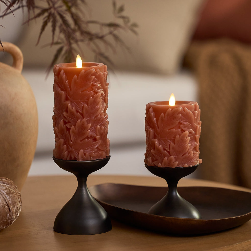 Flameless Candle, Caramel Café Embossed Leaves Pillars for Bedrooms, Living Rooms and Everyday Candlelight Ambience, 2 Size Options image 1
