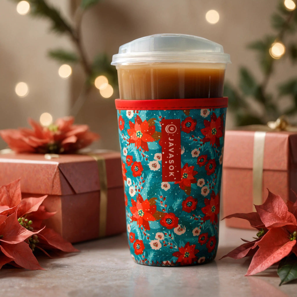 Reusable Cup Sleeve, Pastel Poinsettias, Neoprene Construction for Iced Coffee, Cold Drinks and Condensation Control, 2 Size Options image 2