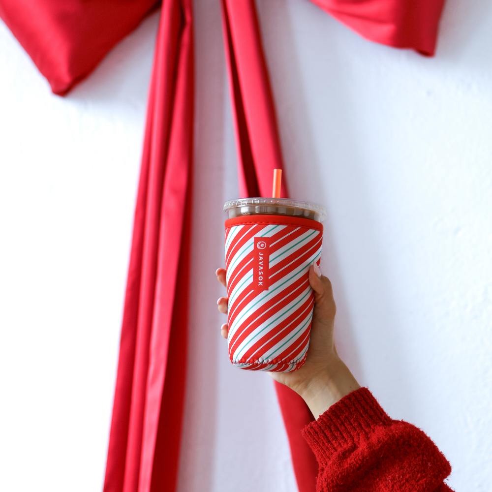 Reusable Cup Sleeve, Candy Cane Stripes, Neoprene Construction for Iced Coffee, Cold Drinks and Condensation Control, 2 Size Options image 2