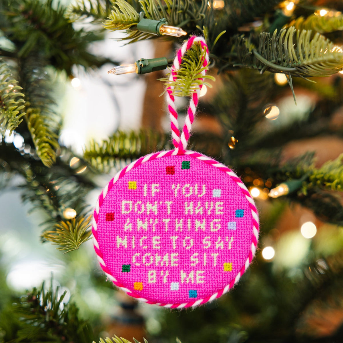 Seasonal Home Decor, Needlepoint Ornament Come Sit By Me for Holiday Displays, Shelves and Festive Rooms image 2