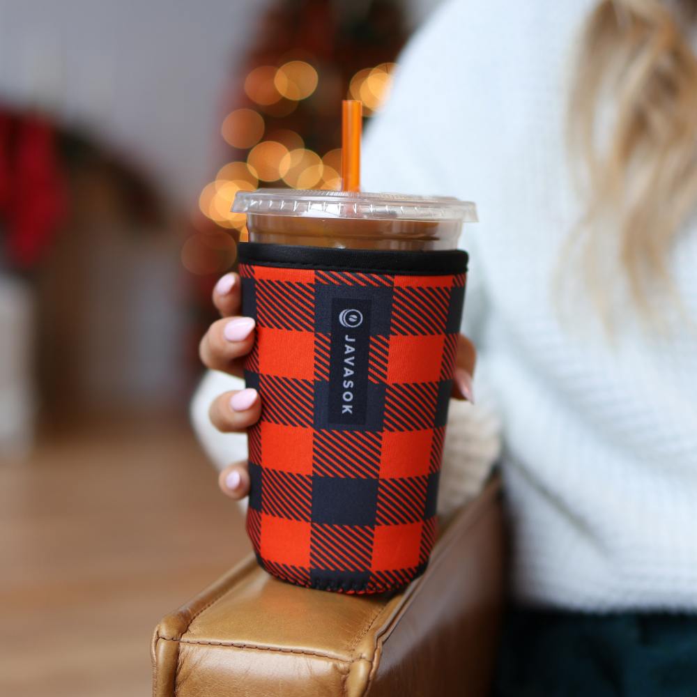Reusable Cup Sleeve, Buffalo Check, Neoprene Construction for Iced Coffee, Cold Drinks and Condensation Control image 2