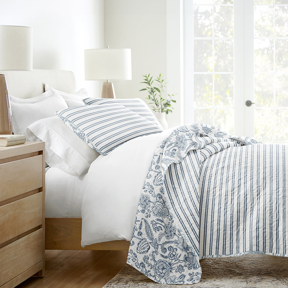 Bed Quilt, Jacobean Stripe Reversible Quilted Coverlet for Bedroom Layering and Everyday Bedding, 3 Size Options image 2