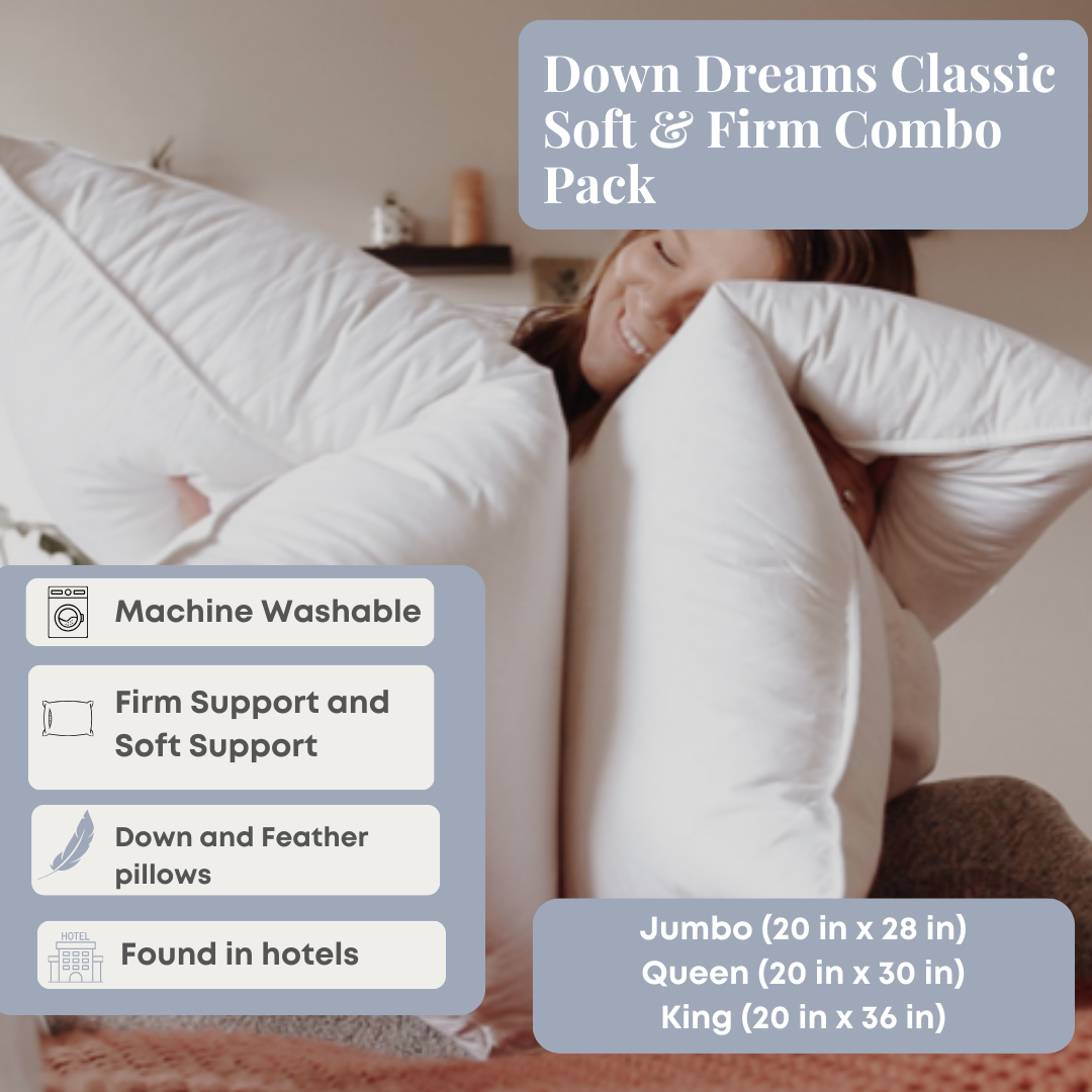 Bed Pillow, Down Dreams Classic Soft & Firm Combo Pack, Machine-Washable Care for Sleeping, Reading and Bedroom Comfort, 4 Size Options image 2