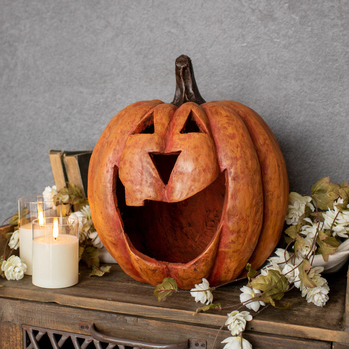 Seasonal Home Decor, 15" Big Mouth Pumpkin Orange for Mantels, Tables and Seasonal Decorating image 2