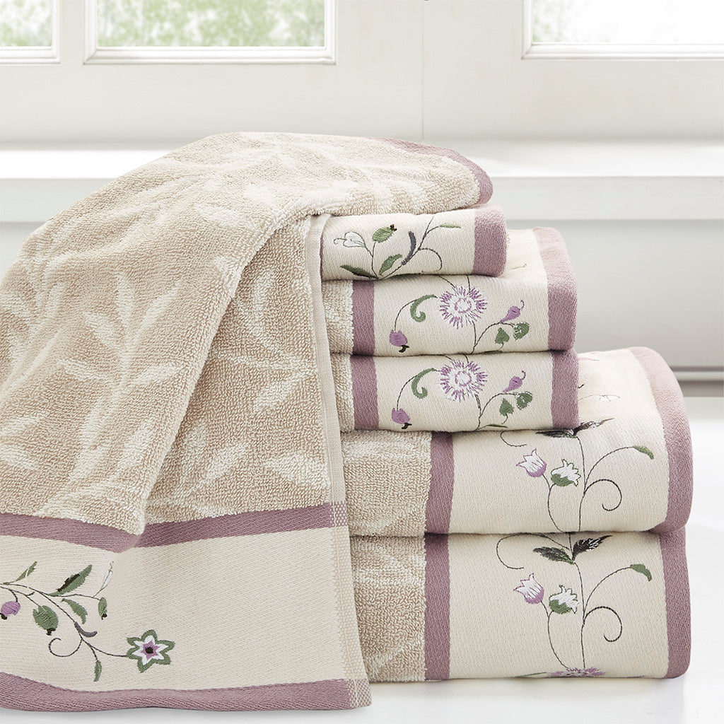 Bath Linen, Serene Embroidered Cotton Jacquard 6 Piece, Machine-Washable Care for Home Bathrooms and Everyday Care, 5 Color Options image 2