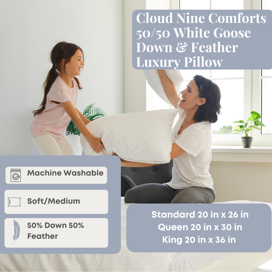 Bed Pillow, 50 50 White Goose Down & Feather Luxury Medium for Everyday Sleep and Guest Room Bedding, 3 Size Options image 2