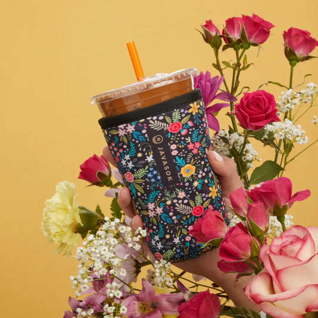 Reusable Cup Sleeve, Black English Garden Picnic, Neoprene Construction for Iced Coffee, Cold Drinks and Condensation Control image 2