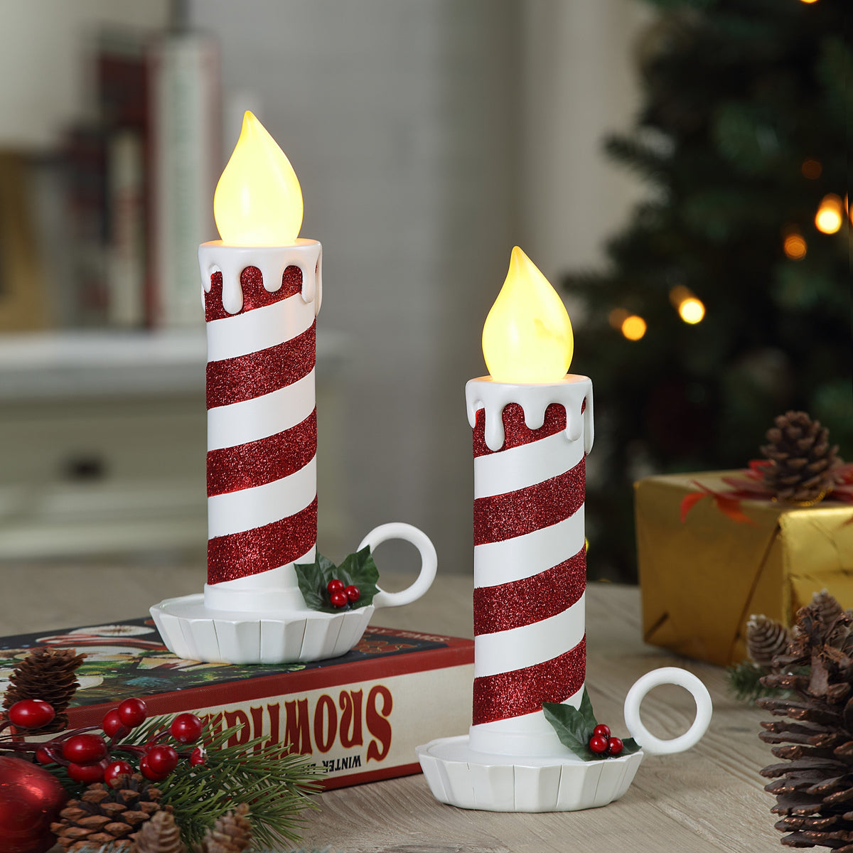 Decorative Candle, 10 in. Set of 2 Flickering LED Striped Candles for Living Rooms, Bedrooms and Relaxing Evenings image 2